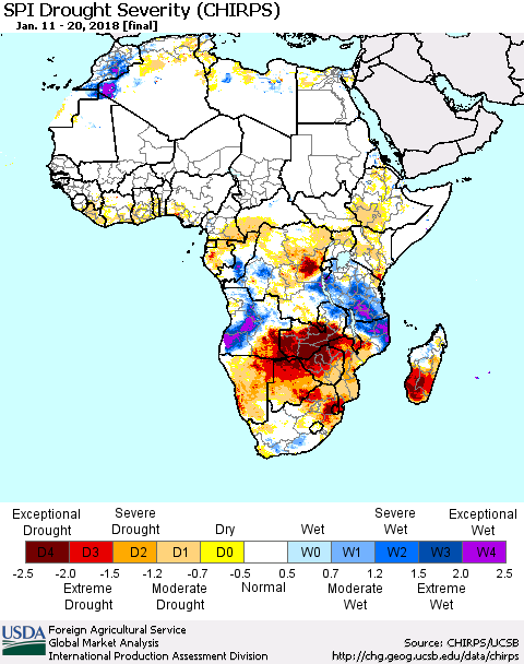 Africa SPI Drought Severity (CHIRPS) Thematic Map For 1/11/2018 - 1/20/2018
