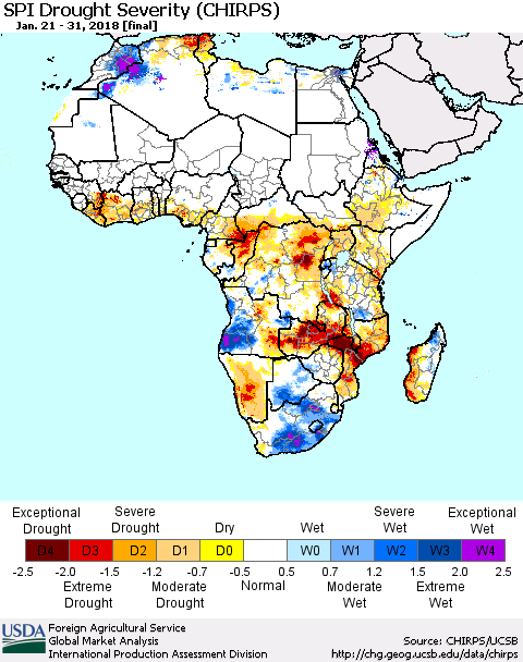 Africa SPI Drought Severity (CHIRPS) Thematic Map For 1/21/2018 - 1/31/2018