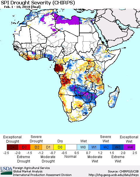 Africa SPI Drought Severity (CHIRPS) Thematic Map For 2/1/2018 - 2/10/2018