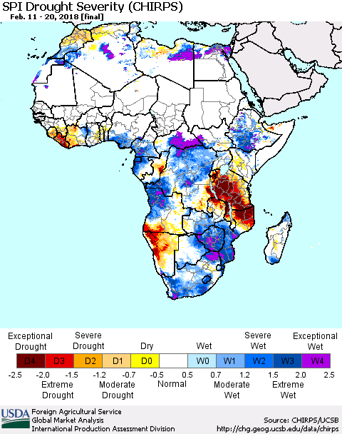 Africa SPI Drought Severity (CHIRPS) Thematic Map For 2/11/2018 - 2/20/2018