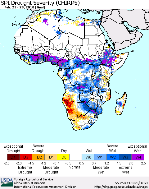Africa SPI Drought Severity (CHIRPS) Thematic Map For 2/21/2018 - 2/28/2018