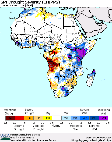Africa SPI Drought Severity (CHIRPS) Thematic Map For 3/1/2018 - 3/10/2018