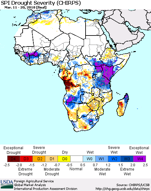 Africa SPI Drought Severity (CHIRPS) Thematic Map For 3/11/2018 - 3/20/2018