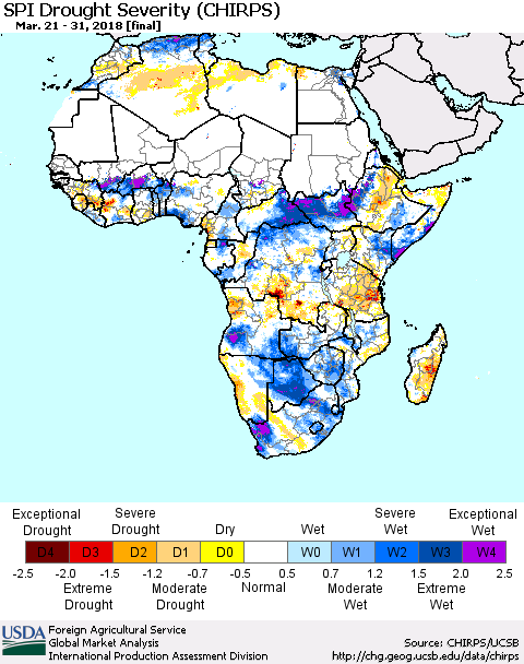 Africa SPI Drought Severity (CHIRPS) Thematic Map For 3/21/2018 - 3/31/2018