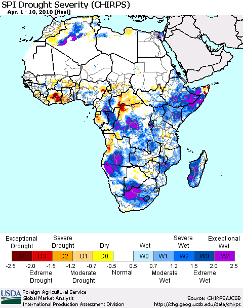 Africa SPI Drought Severity (CHIRPS) Thematic Map For 4/1/2018 - 4/10/2018