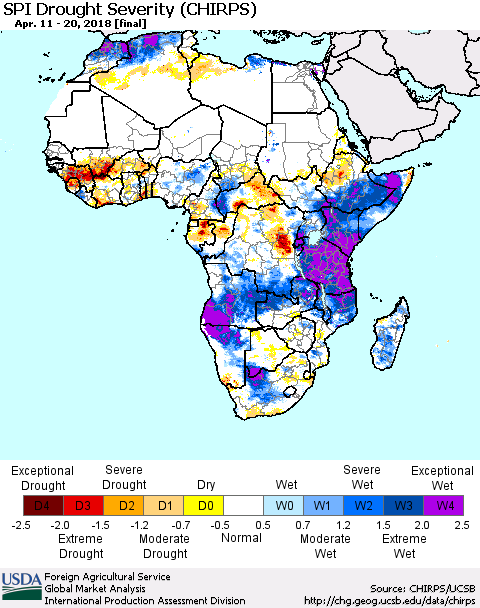 Africa SPI Drought Severity (CHIRPS) Thematic Map For 4/11/2018 - 4/20/2018