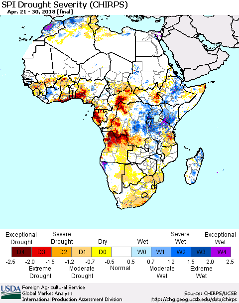 Africa SPI Drought Severity (CHIRPS) Thematic Map For 4/21/2018 - 4/30/2018