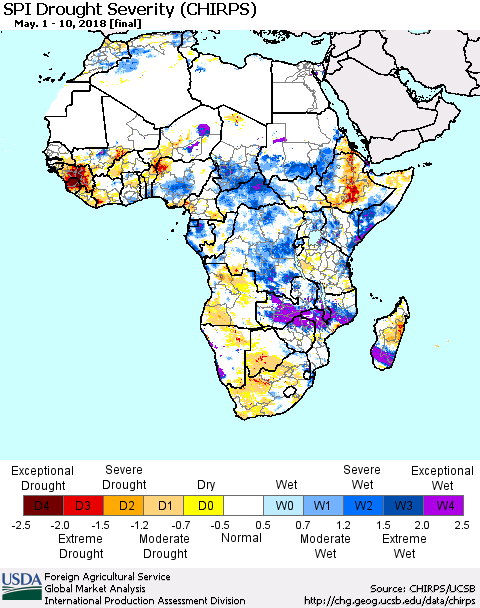 Africa SPI Drought Severity (CHIRPS) Thematic Map For 5/1/2018 - 5/10/2018