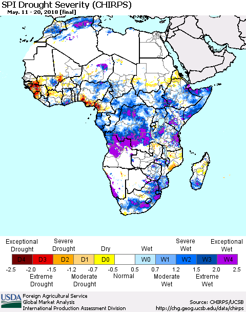 Africa SPI Drought Severity (CHIRPS) Thematic Map For 5/11/2018 - 5/20/2018