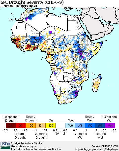Africa SPI Drought Severity (CHIRPS) Thematic Map For 5/21/2018 - 5/31/2018