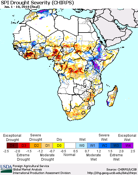Africa SPI Drought Severity (CHIRPS) Thematic Map For 6/1/2018 - 6/10/2018