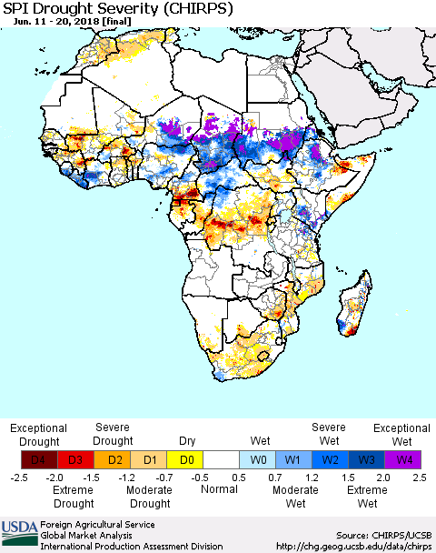Africa SPI Drought Severity (CHIRPS) Thematic Map For 6/11/2018 - 6/20/2018