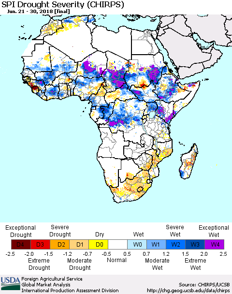 Africa SPI Drought Severity (CHIRPS) Thematic Map For 6/21/2018 - 6/30/2018