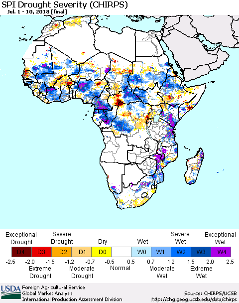 Africa SPI Drought Severity (CHIRPS) Thematic Map For 7/1/2018 - 7/10/2018