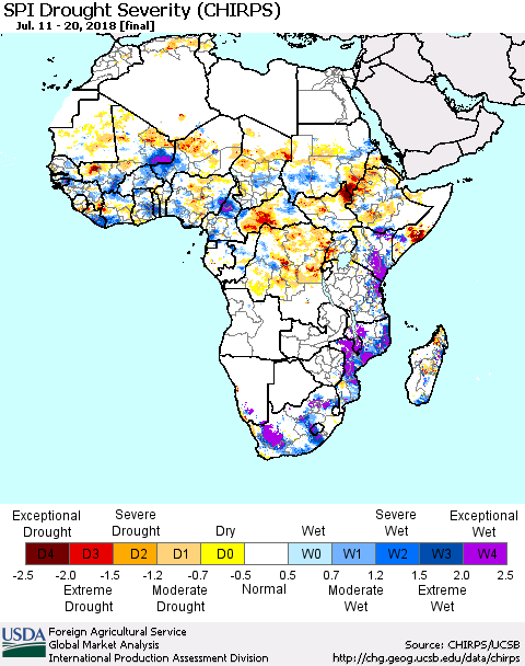 Africa SPI Drought Severity (CHIRPS) Thematic Map For 7/11/2018 - 7/20/2018