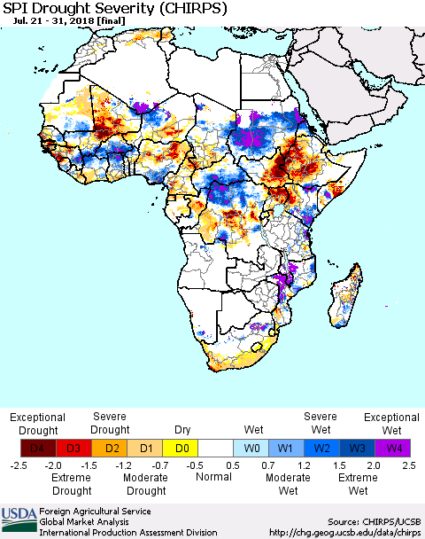 Africa SPI Drought Severity (CHIRPS) Thematic Map For 7/21/2018 - 7/31/2018