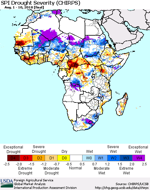 Africa SPI Drought Severity (CHIRPS) Thematic Map For 8/1/2018 - 8/10/2018