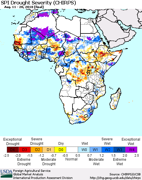 Africa SPI Drought Severity (CHIRPS) Thematic Map For 8/11/2018 - 8/20/2018