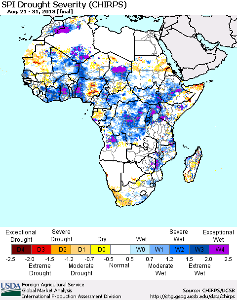 Africa SPI Drought Severity (CHIRPS) Thematic Map For 8/21/2018 - 8/31/2018