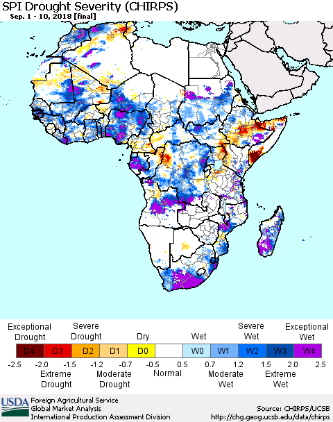 Africa SPI Drought Severity (CHIRPS) Thematic Map For 9/1/2018 - 9/10/2018