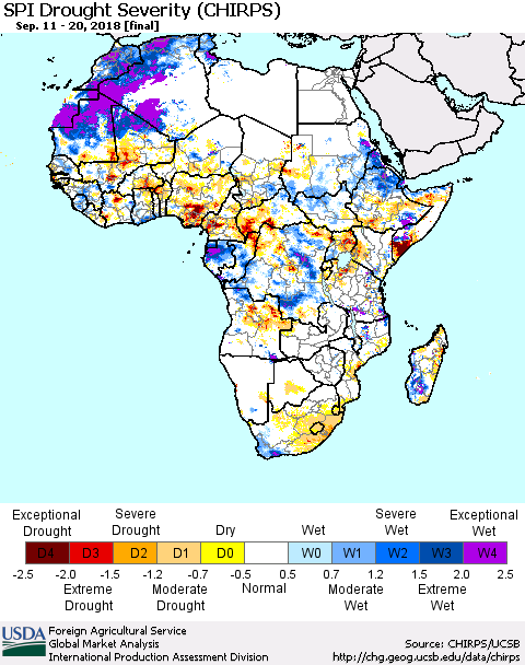 Africa SPI Drought Severity (CHIRPS) Thematic Map For 9/11/2018 - 9/20/2018