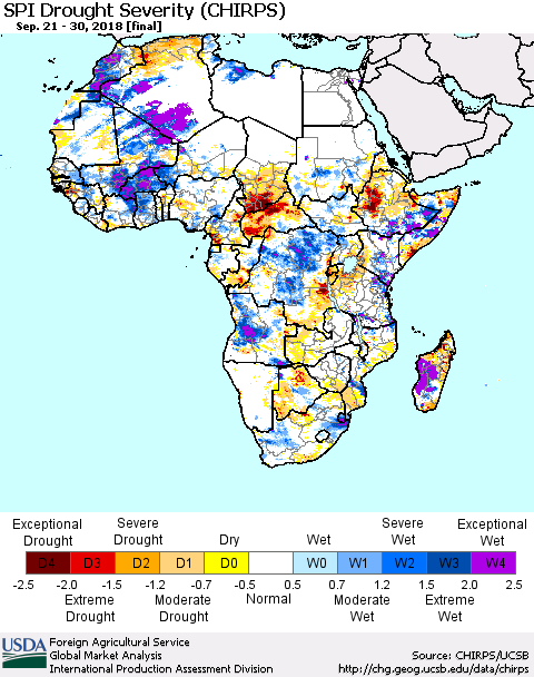 Africa SPI Drought Severity (CHIRPS) Thematic Map For 9/21/2018 - 9/30/2018