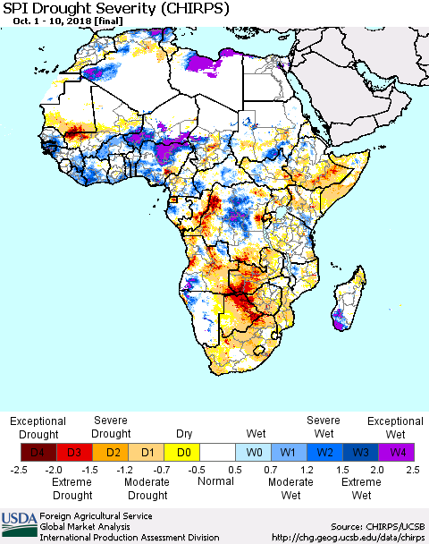 Africa SPI Drought Severity (CHIRPS) Thematic Map For 10/1/2018 - 10/10/2018