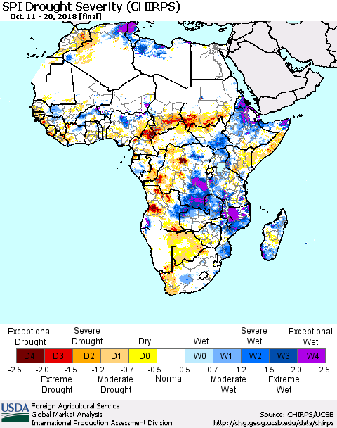 Africa SPI Drought Severity (CHIRPS) Thematic Map For 10/11/2018 - 10/20/2018