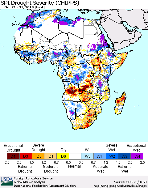Africa SPI Drought Severity (CHIRPS) Thematic Map For 10/21/2018 - 10/31/2018