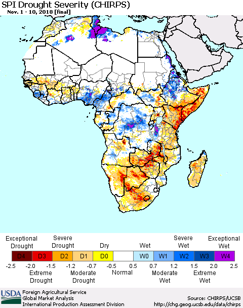 Africa SPI Drought Severity (CHIRPS) Thematic Map For 11/1/2018 - 11/10/2018
