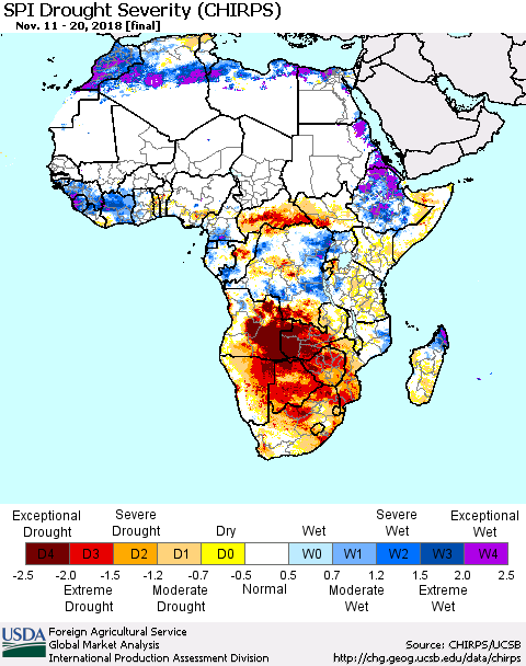 Africa SPI Drought Severity (CHIRPS) Thematic Map For 11/11/2018 - 11/20/2018