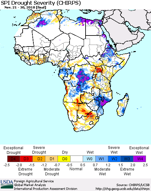 Africa SPI Drought Severity (CHIRPS) Thematic Map For 11/21/2018 - 11/30/2018