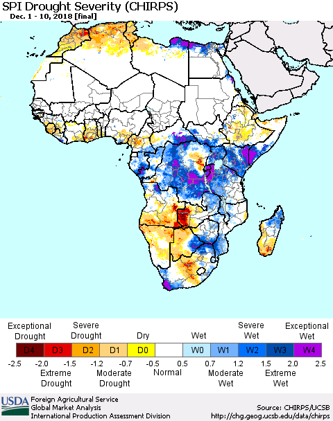 Africa SPI Drought Severity (CHIRPS) Thematic Map For 12/1/2018 - 12/10/2018