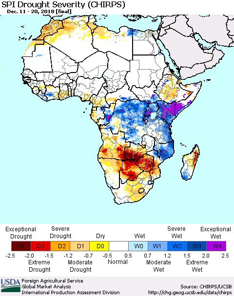 Africa SPI Drought Severity (CHIRPS) Thematic Map For 12/11/2018 - 12/20/2018