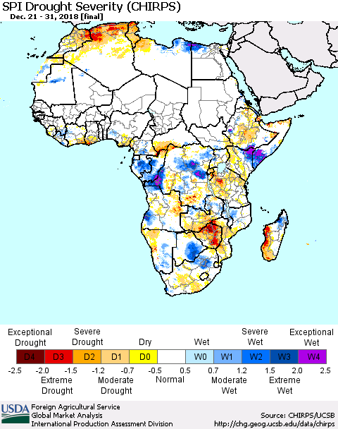 Africa SPI Drought Severity (CHIRPS) Thematic Map For 12/21/2018 - 12/31/2018