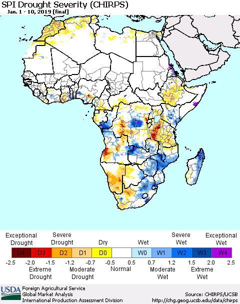 Africa SPI Drought Severity (CHIRPS) Thematic Map For 1/1/2019 - 1/10/2019