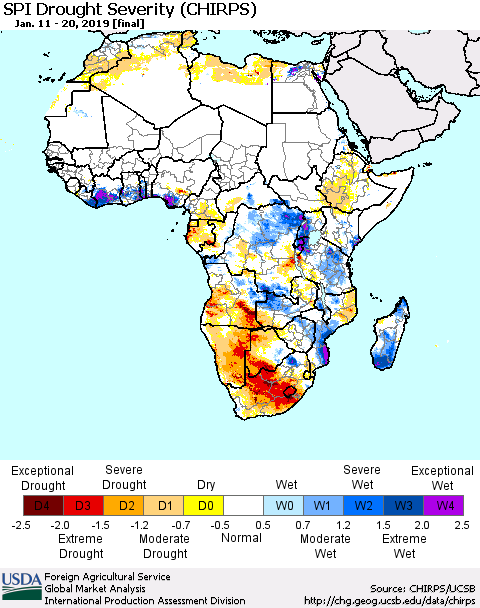 Africa SPI Drought Severity (CHIRPS) Thematic Map For 1/11/2019 - 1/20/2019
