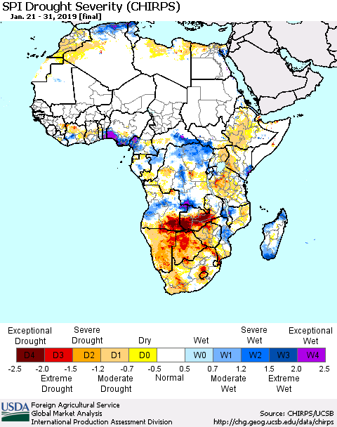 Africa SPI Drought Severity (CHIRPS) Thematic Map For 1/21/2019 - 1/31/2019