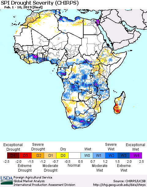 Africa SPI Drought Severity (CHIRPS) Thematic Map For 2/1/2019 - 2/10/2019