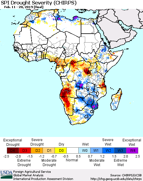 Africa SPI Drought Severity (CHIRPS) Thematic Map For 2/11/2019 - 2/20/2019