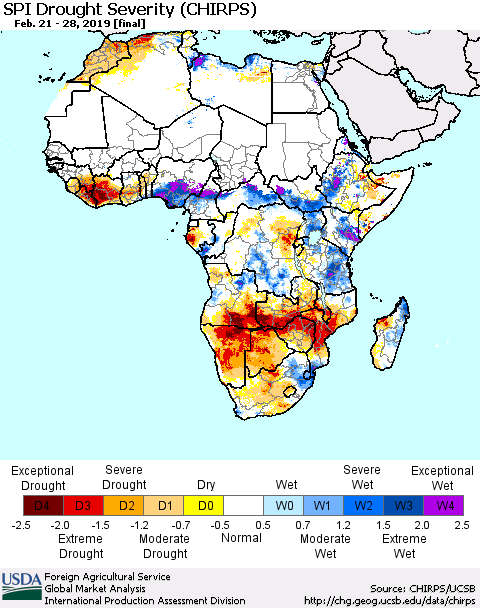 Africa SPI Drought Severity (CHIRPS) Thematic Map For 2/21/2019 - 2/28/2019