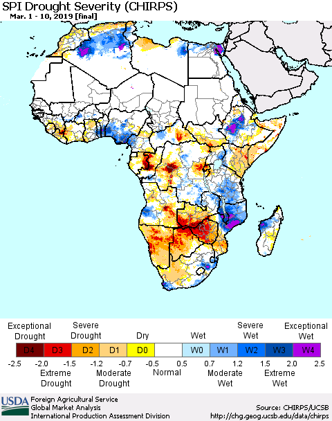 Africa SPI Drought Severity (CHIRPS) Thematic Map For 3/1/2019 - 3/10/2019
