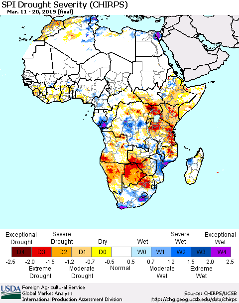 Africa SPI Drought Severity (CHIRPS) Thematic Map For 3/11/2019 - 3/20/2019