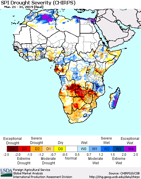 Africa SPI Drought Severity (CHIRPS) Thematic Map For 3/21/2019 - 3/31/2019