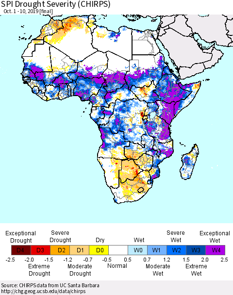 Africa SPI Drought Severity (CHIRPS) Thematic Map For 10/1/2019 - 10/10/2019