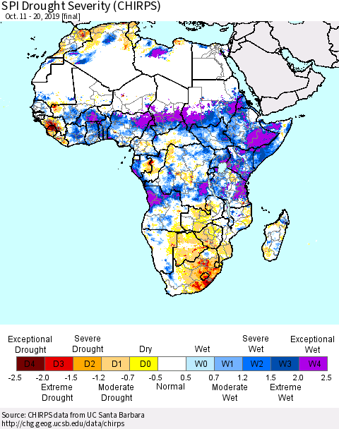 Africa SPI Drought Severity (CHIRPS) Thematic Map For 10/11/2019 - 10/20/2019