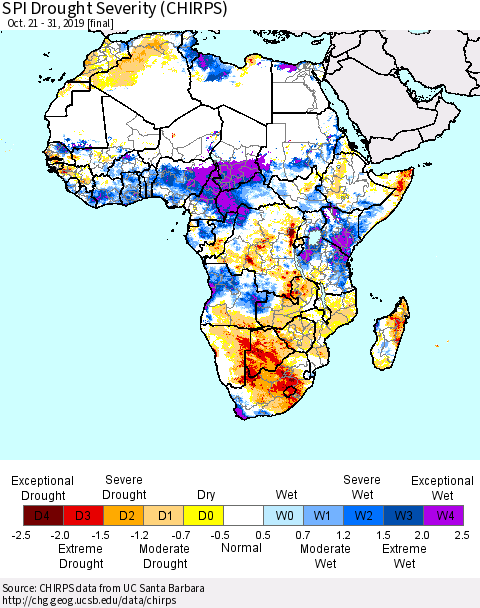 Africa SPI Drought Severity (CHIRPS) Thematic Map For 10/21/2019 - 10/31/2019