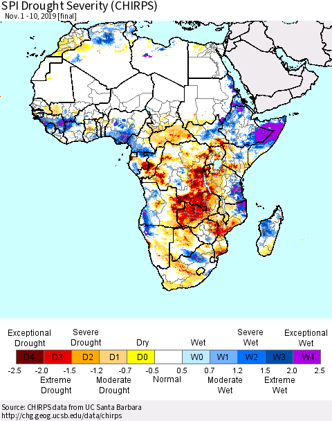 Africa SPI Drought Severity (CHIRPS) Thematic Map For 11/1/2019 - 11/10/2019