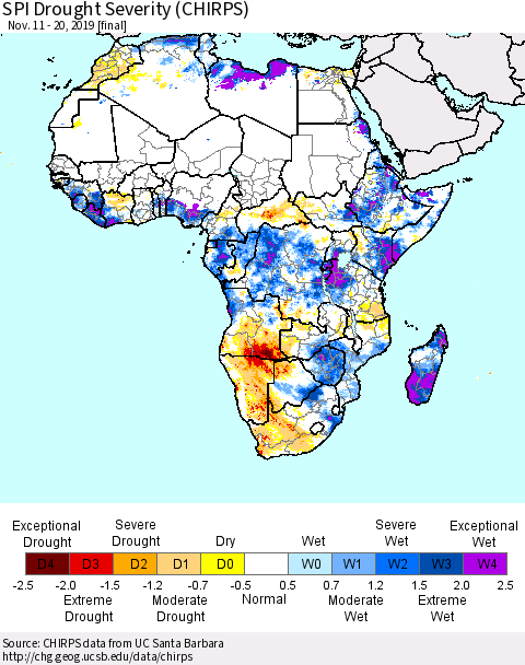 Africa SPI Drought Severity (CHIRPS) Thematic Map For 11/11/2019 - 11/20/2019