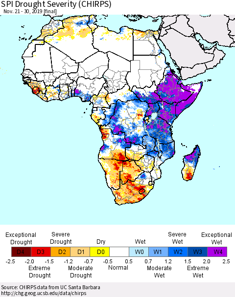 Africa SPI Drought Severity (CHIRPS) Thematic Map For 11/21/2019 - 11/30/2019